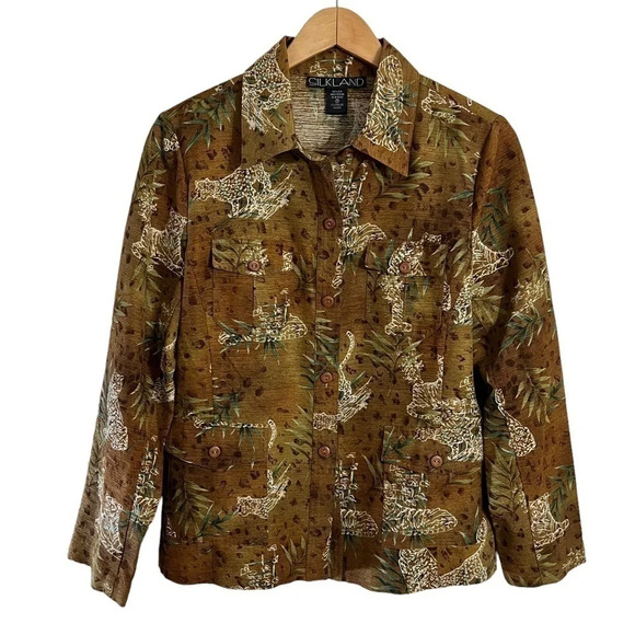 Silkland Vintage Button Up Shirt Medium Big Cats Tiger Leopard 100% Silk Vintage - Picture 1 of 10